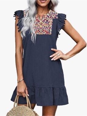 Kirundo Navy Floral Yoke Sleeveless Ruffle Hem Dress Size Small Boho Aztec